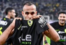 ناصر منسي مهاجم الزمالك يحتفل بهدفه أمام الجيش الرواندي