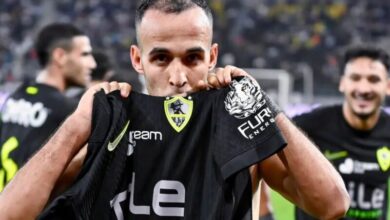 ناصر منسي مهاجم الزمالك يحتفل بهدفه أمام الجيش الرواندي